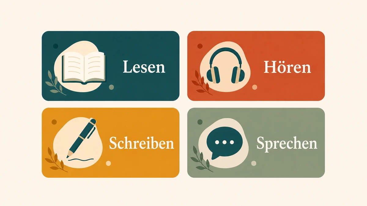 Cele patru module ale examenului Goethe-Zertifikat B1: Lesen, Hören, Schreiben, Sprechen