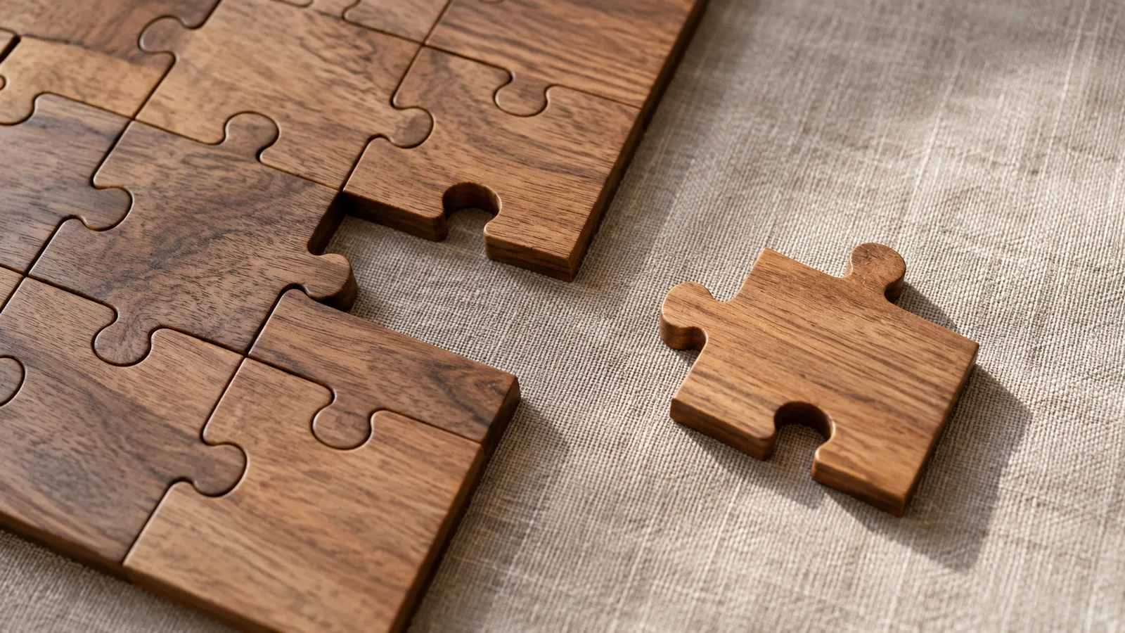 Puzzle de lemn cu o piesă desprinsă, așezată alături de restul pieselor îmbinate